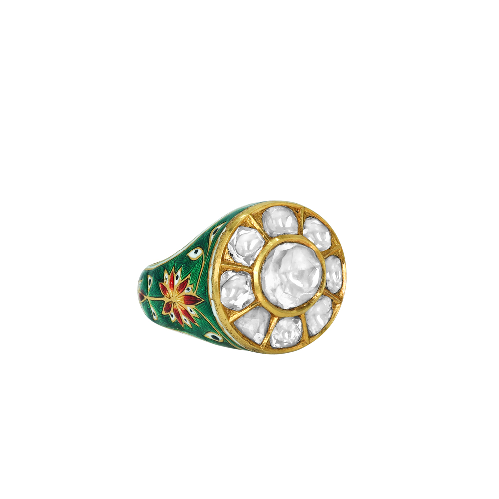 Polki Ring with Green Enamel Floral Motifs